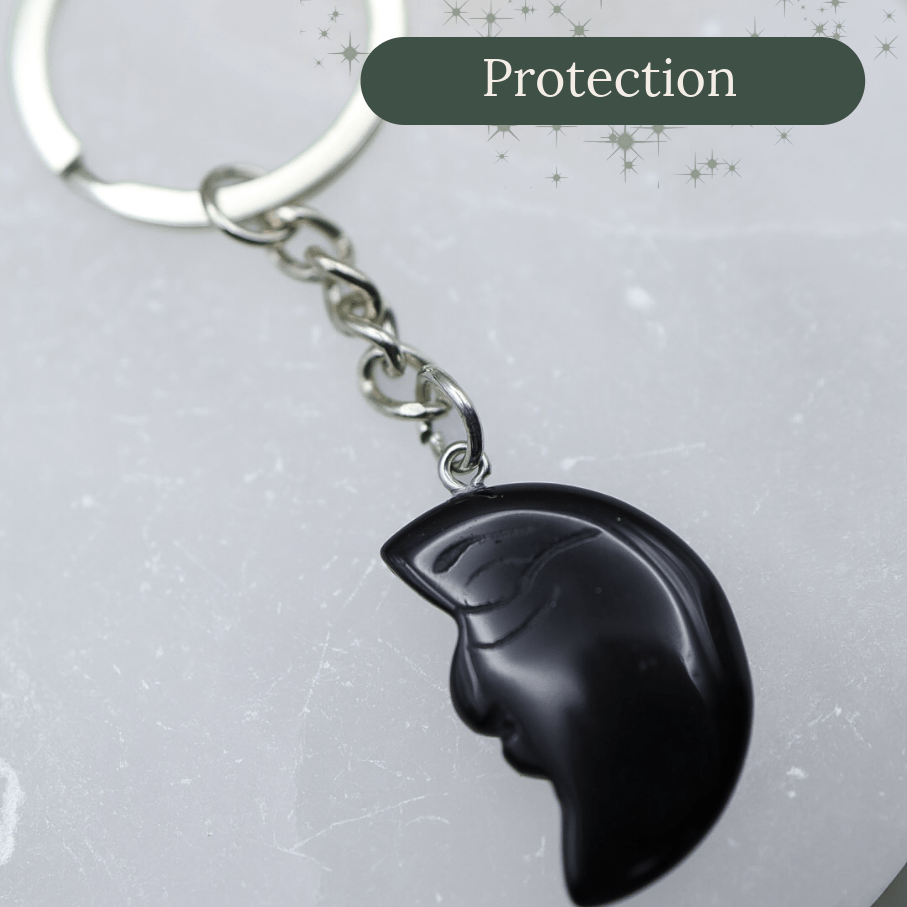 Black Obsidian Crystal Half Moon Face | Witchy Keyring Carving