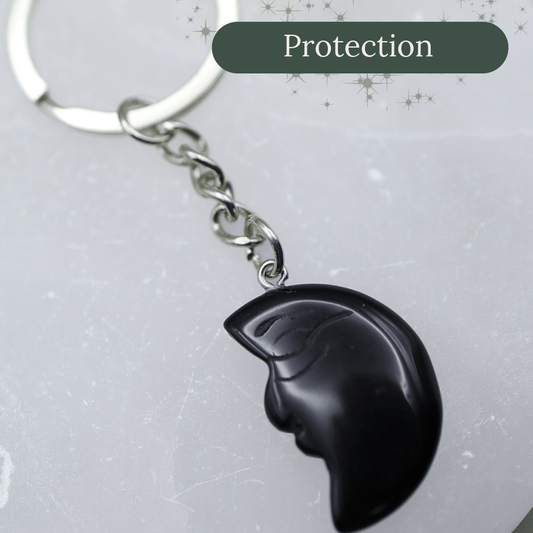 Black Obsidian Crystal Half Moon Face | Witchy Keyring Carving