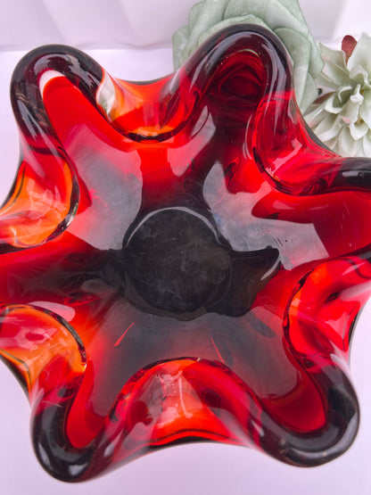 Curvy Red Art Glass Decorative Bowl
