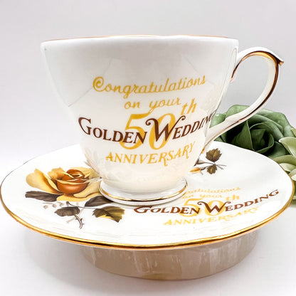 Duchess Bone China Tea Cup and Saucer 50th Anniversary Set with Yellow Roses