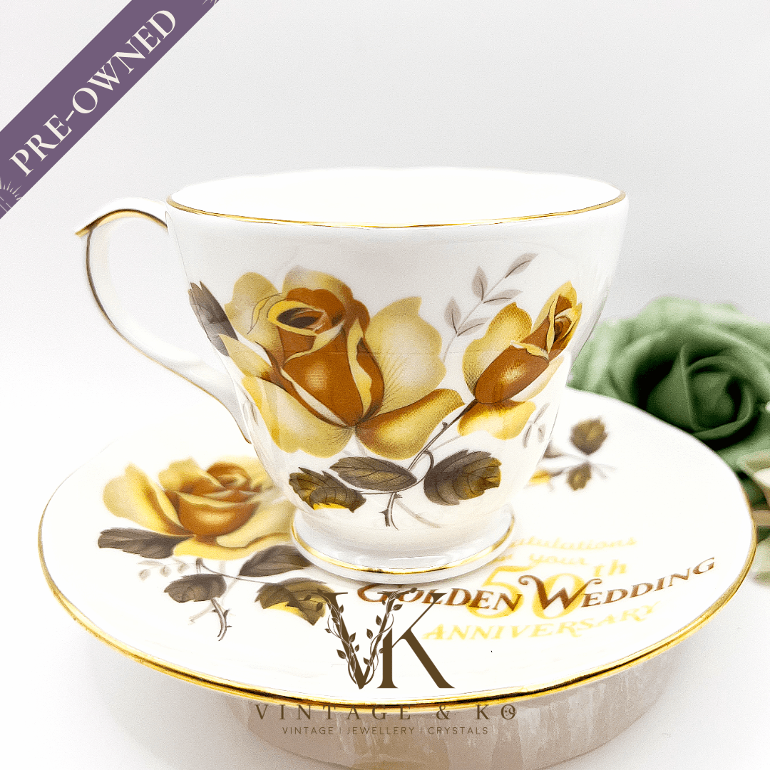 Duchess Bone China Tea Cup and Saucer 50th Anniversary Set with Yellow Roses