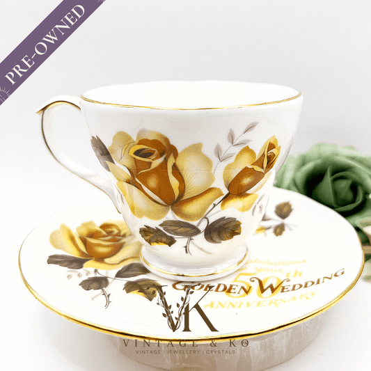 Duchess Bone China Tea Cup and Saucer 50th Anniversary Set with Yellow Roses