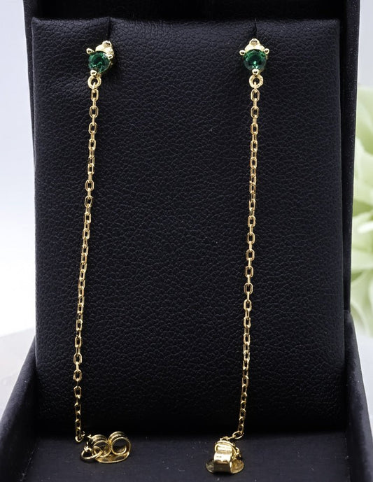 Emerald Green CZ Stud Chain Earrings | Gold - plated .925 Sterling Silver
