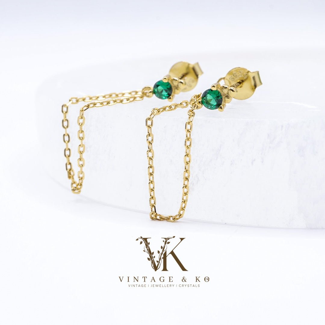 Emerald Green CZ Stud Chain Earrings | Gold - plated .925 Sterling Silver