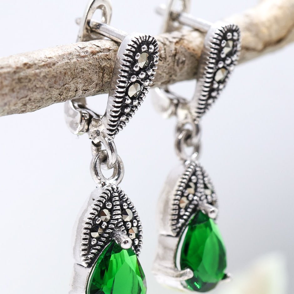 Emerald Green & Marcasite Drop Earrings | .925 Sterling Silver