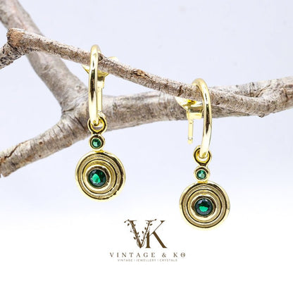 Gold - plated Emerald Green Retro Earrings | .925 Sterling Silver