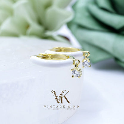 Gold Plated Hoop Earrings with CZ Charm | .925 Sterling Silver