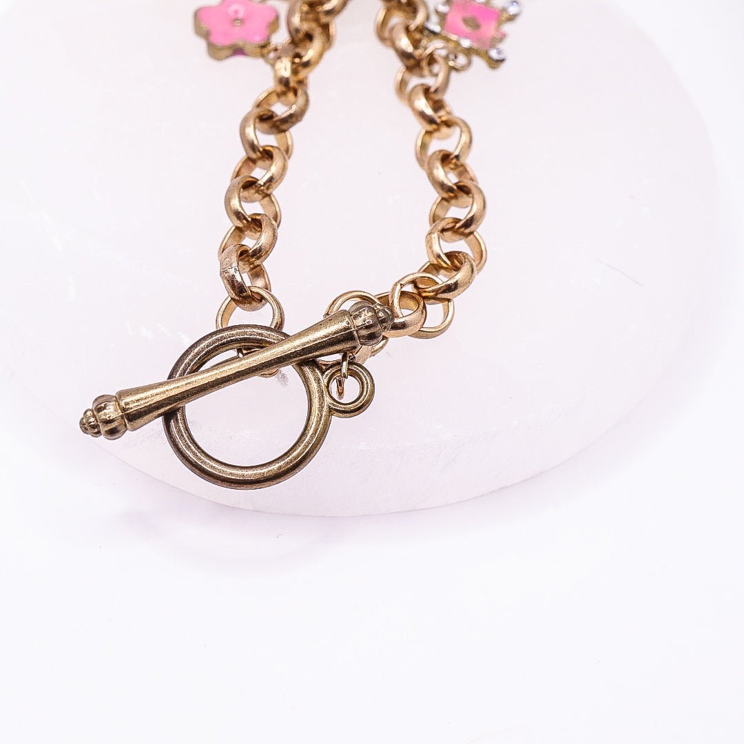 Golden Belcher Chain Toggle Clasp Bracelet with Eiffel Tower, Ace, Stars Charms