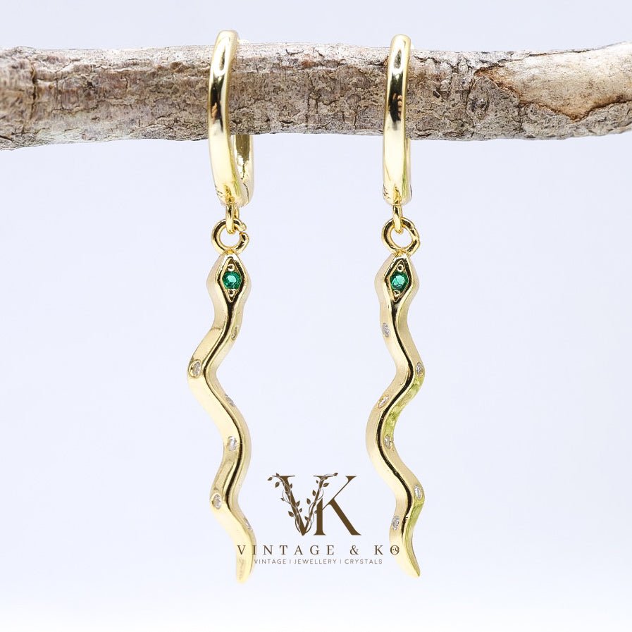 Green Eyed Snake Dangle Huggie Earrings | .925 Sterling Silver