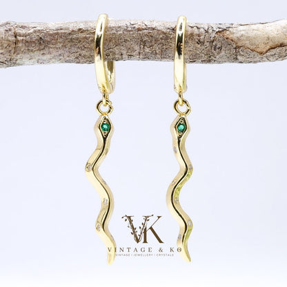 Green Eyed Snake Dangle Huggie Earrings | .925 Sterling Silver