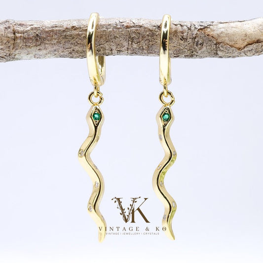 Green Eyed Snake Dangle Huggie Earrings | .925 Sterling Silver