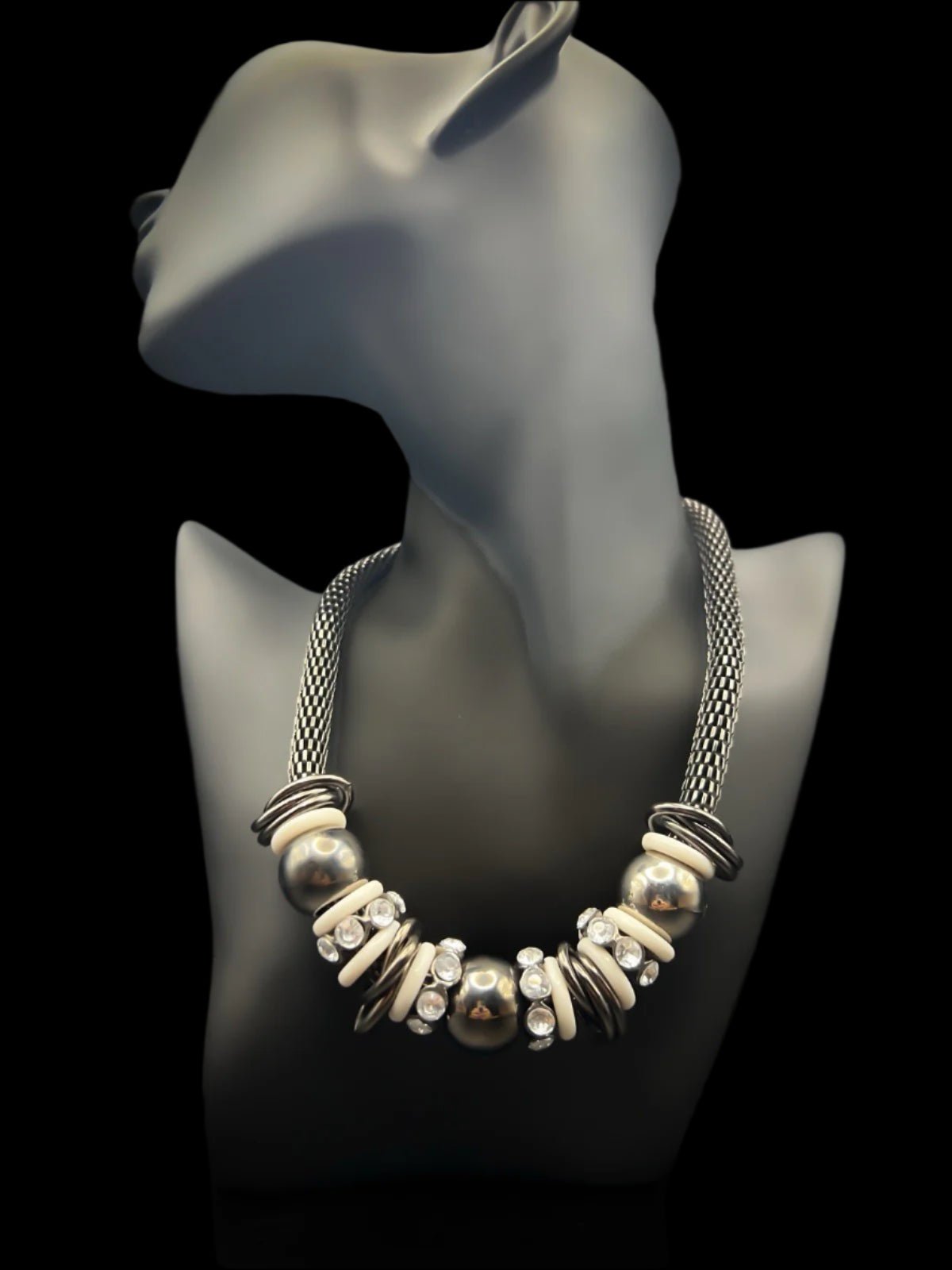 Gun Metal Grey Mesh Beaded Statement Necklace