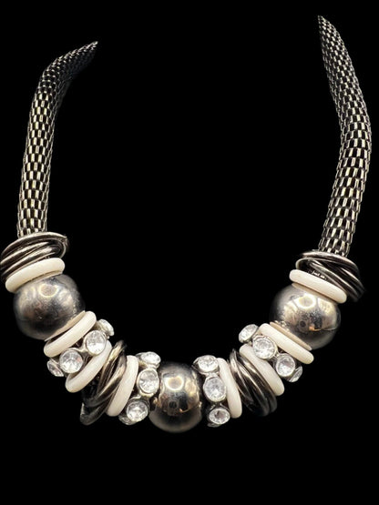 Gun Metal Grey Mesh Beaded Statement Necklace