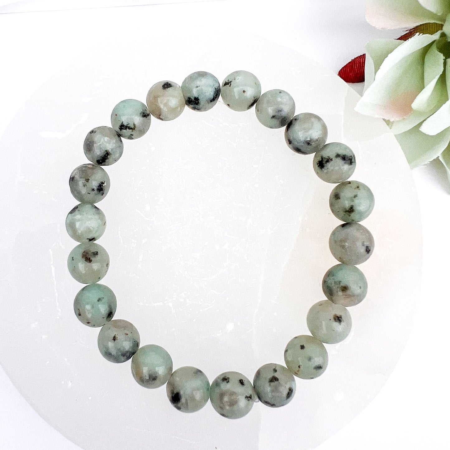 Kiwi Jasper 8mm Beaded Crystal stretch Bracelet