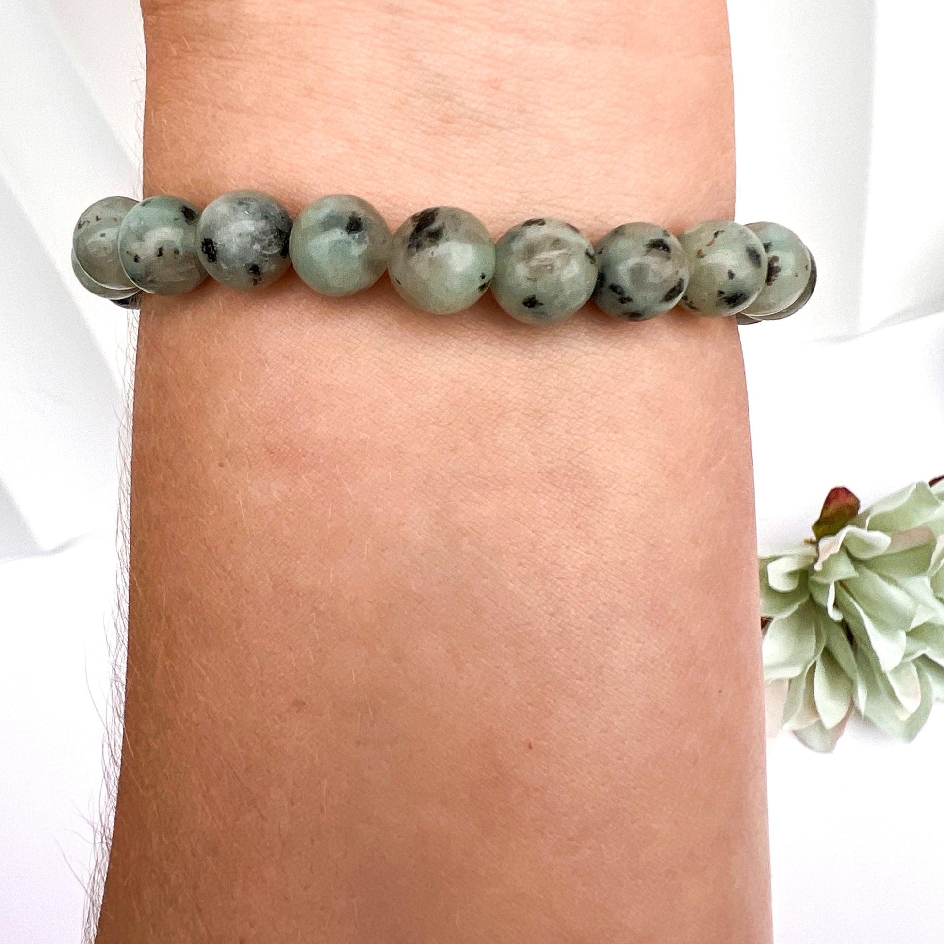 Kiwi Jasper 8mm Beaded Crystal stretch Bracelet