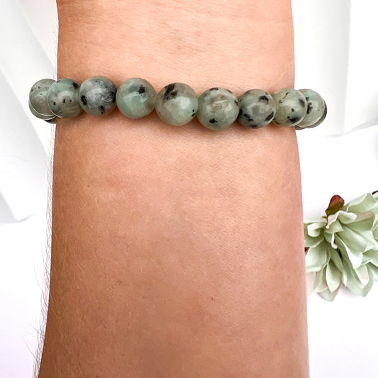 Kiwi Jasper 8mm Beaded Crystal stretch Bracelet