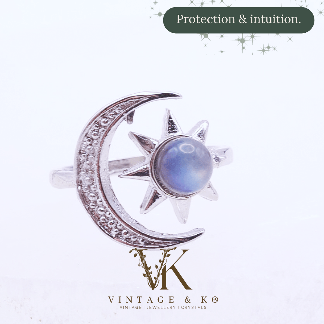 Labradorite Crystal Sun & Moon Adjustable Stainless Steel Ring
