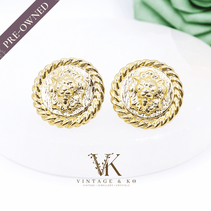 Large Lion Motif Stud Earrings | 10k Gold Plated