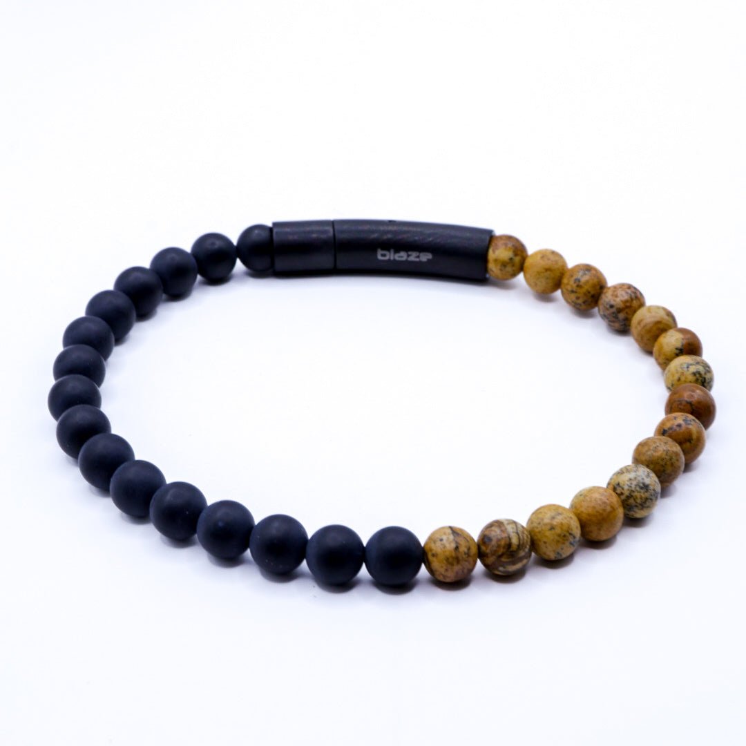 Mens Onyx Black and Brown Beaded Bracelet with Stainless Steel Clasp