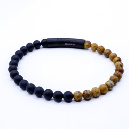 Mens Onyx Black and Brown Beaded Bracelet with Stainless Steel Clasp