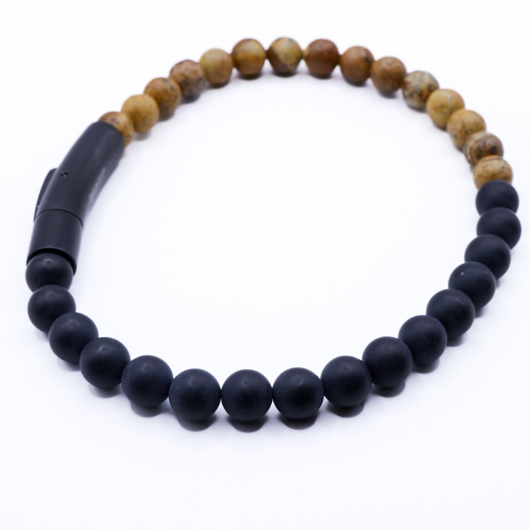 Mens Onyx Black and Brown Beaded Bracelet with Stainless Steel Clasp