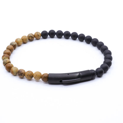 Mens Onyx Black and Brown Beaded Bracelet with Stainless Steel Clasp