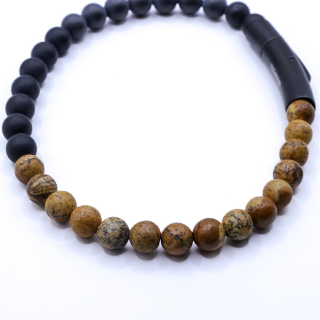 Mens Onyx Black and Brown Beaded Bracelet with Stainless Steel Clasp
