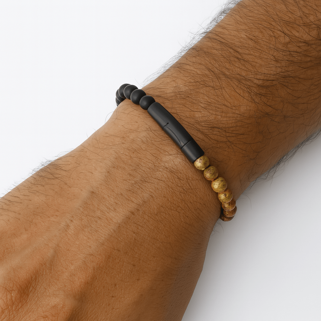 Mens Onyx Black and Brown Beaded Bracelet with Stainless Steel Clasp