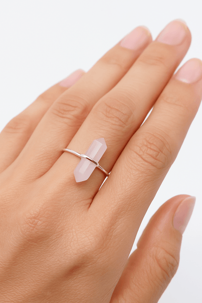 Minimalist 925 Quartz Crystal Ring – Rose or Clear Crystal – Gold or Silver Band – Sizes 5 to 7