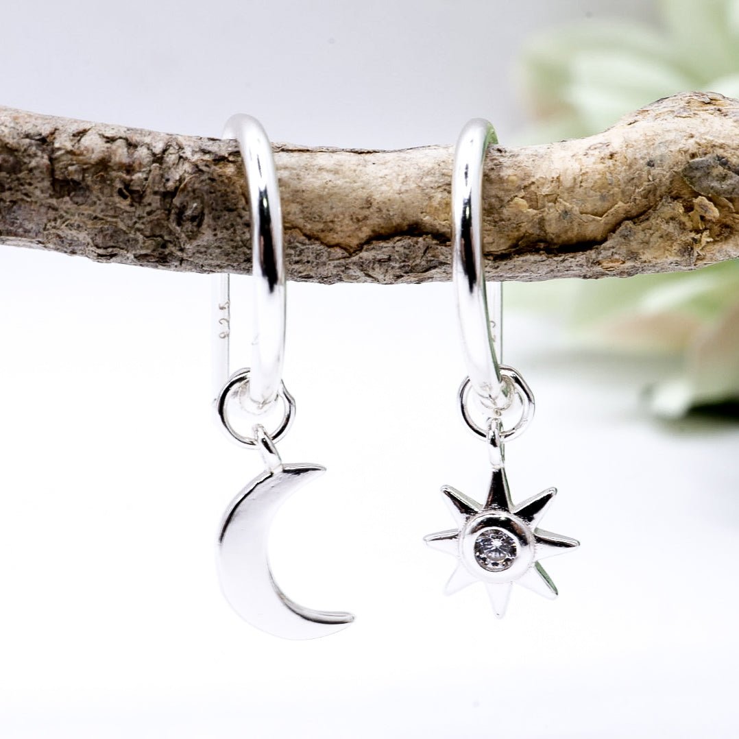 Moon & Star Half - hoop Stud Earrings | .925 Sterling Silver