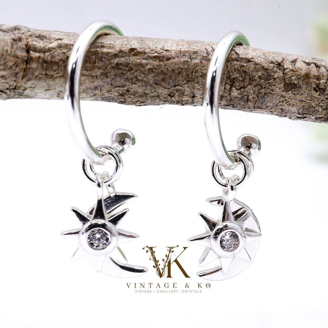 Moon & Star Half - hoop Stud Earrings | .925 Sterling Silver