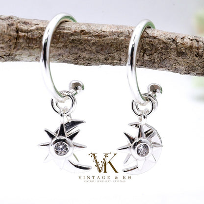 Moon & Star Half - hoop Stud Earrings | .925 Sterling Silver