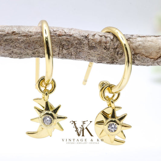 Moon & Star Half - hoop Stud Earrings | .925 Sterling Silver