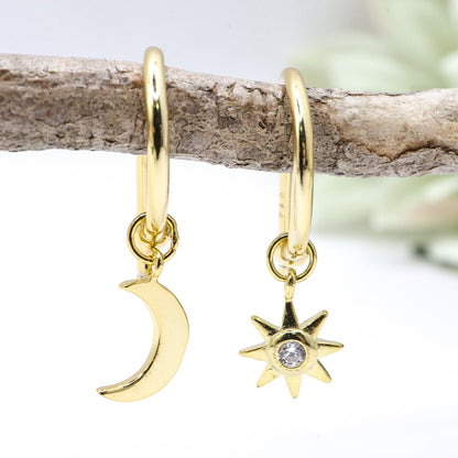 Moon & Star Half - hoop Stud Earrings | .925 Sterling Silver