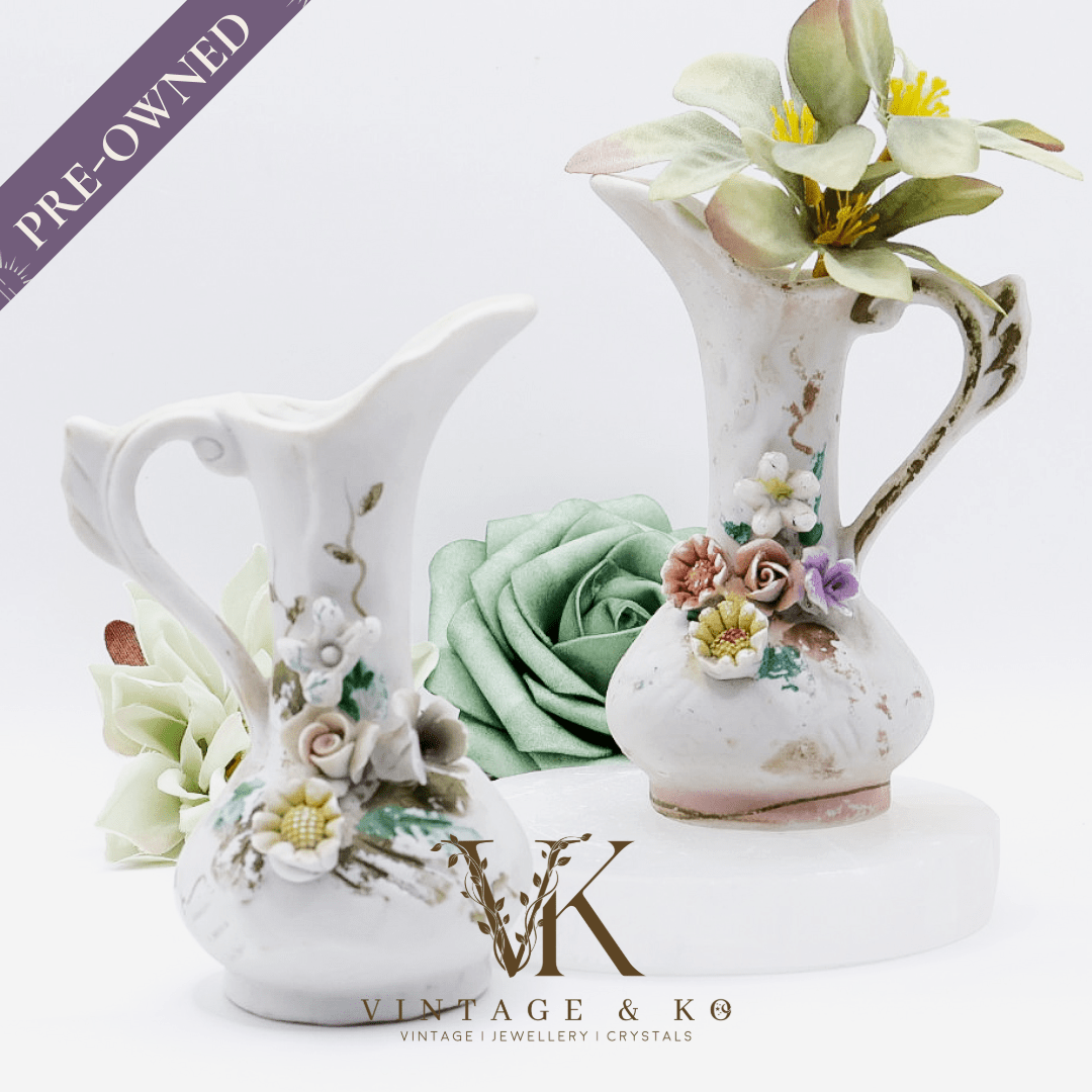 Pair of Floral Mini Bud Vases with Gold Trim And Handles