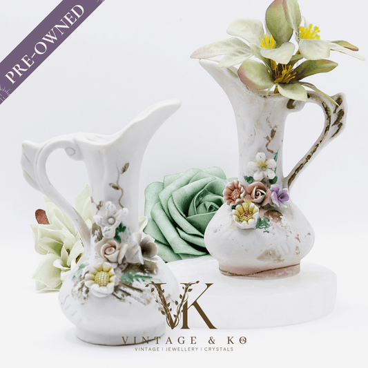 Pair of Floral Mini Bud Vases with Gold Trim And Handles
