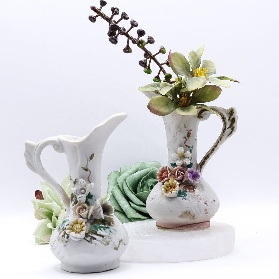 Pair of Floral Mini Bud Vases with Gold Trim And Handles