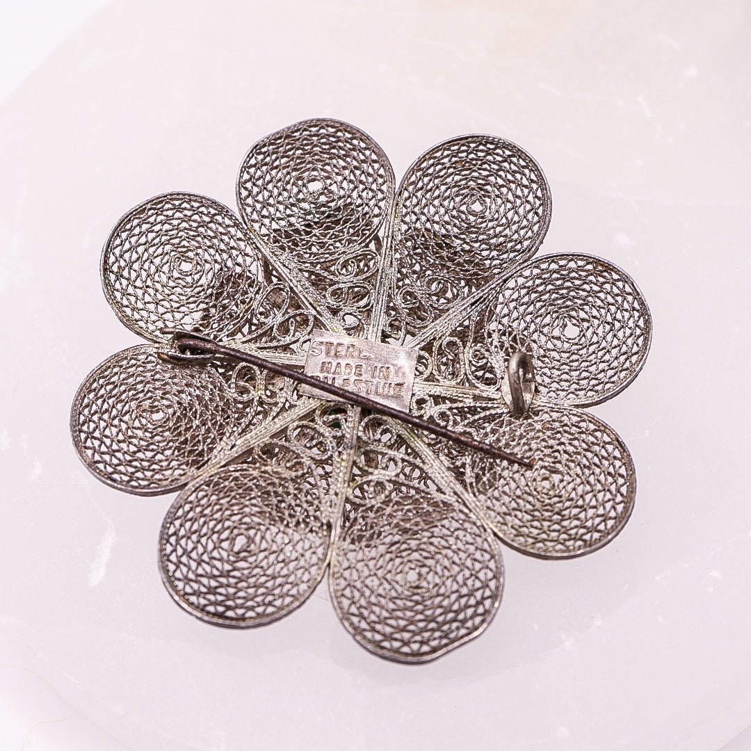 Palestine Filigree Flower Brooch with Green Stone | .925 Sterling Silver