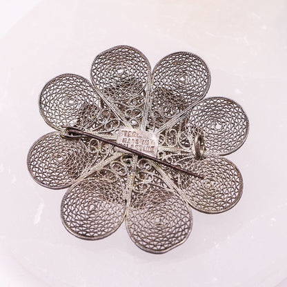 Palestine Filigree Flower Brooch with Green Stone | .925 Sterling Silver