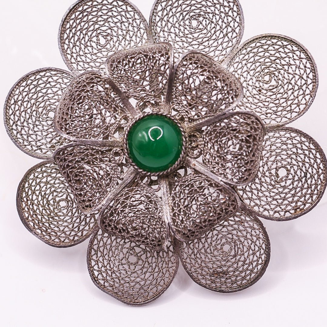 Palestine Filigree Flower Brooch with Green Stone | .925 Sterling Silver