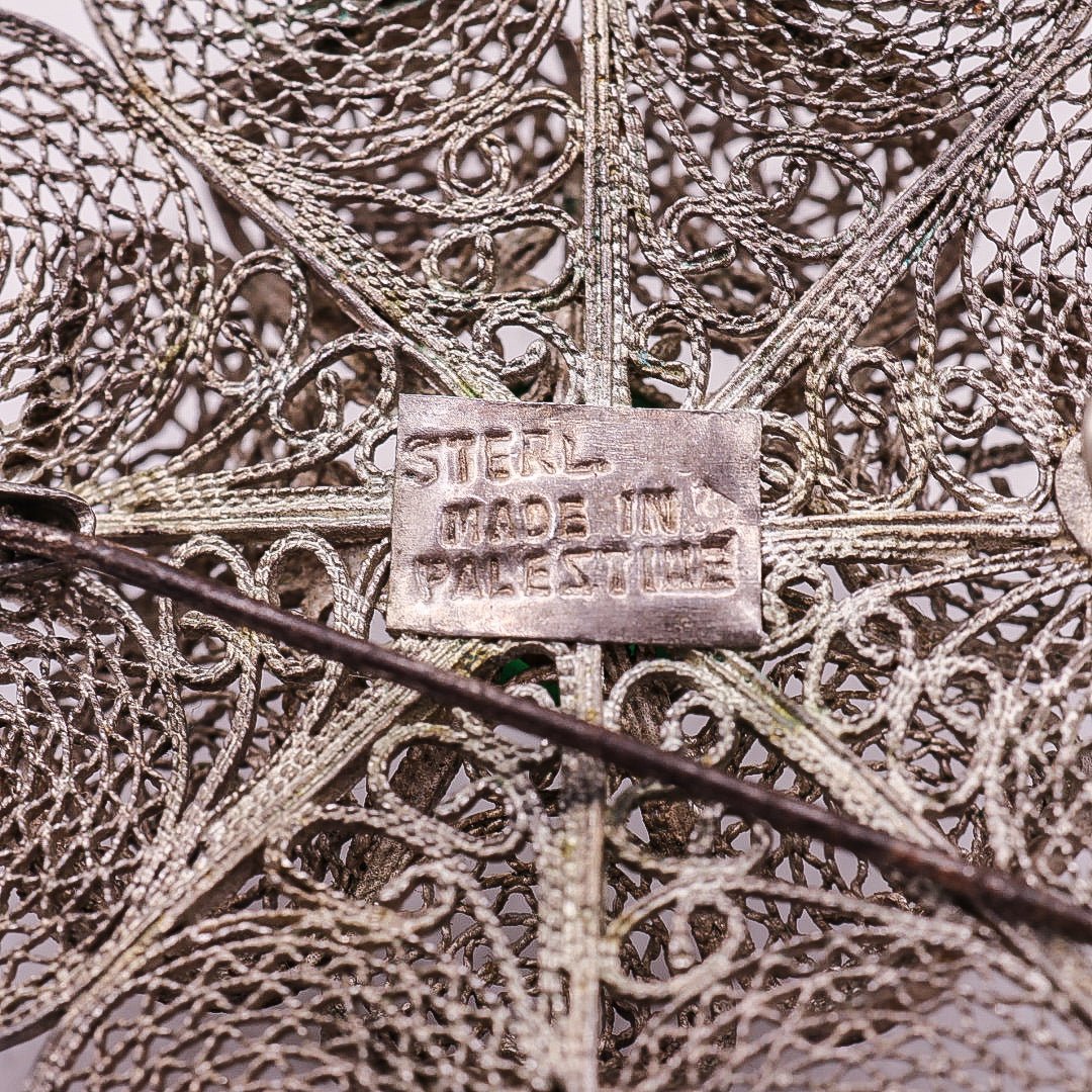 Palestine Filigree Flower Brooch with Green Stone | .925 Sterling Silver