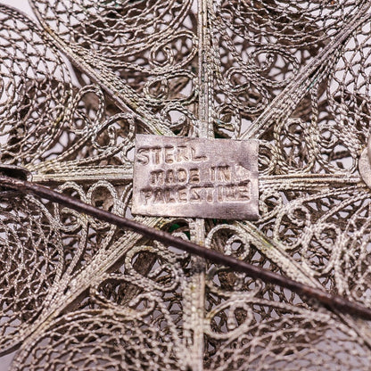 Palestine Filigree Flower Brooch with Green Stone | .925 Sterling Silver