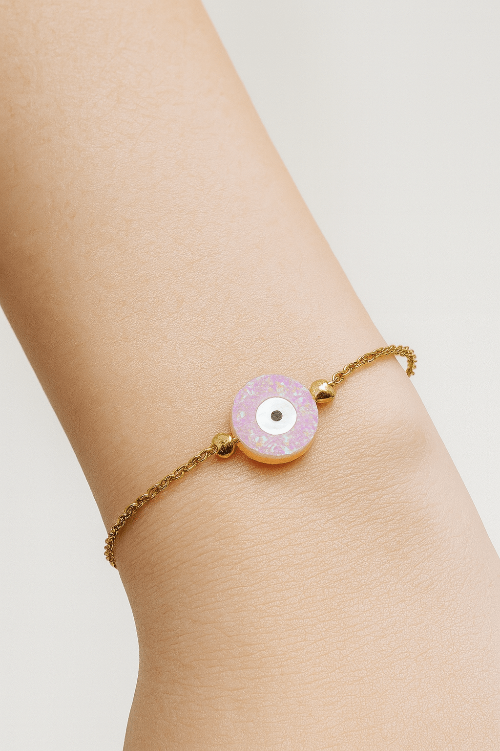 Pink Opalite Evil Eye Bracelet – Dual - Tone Glow – 14K Gold Plated Chain with 925 Silver Core – Adjustable Protective Jewelry