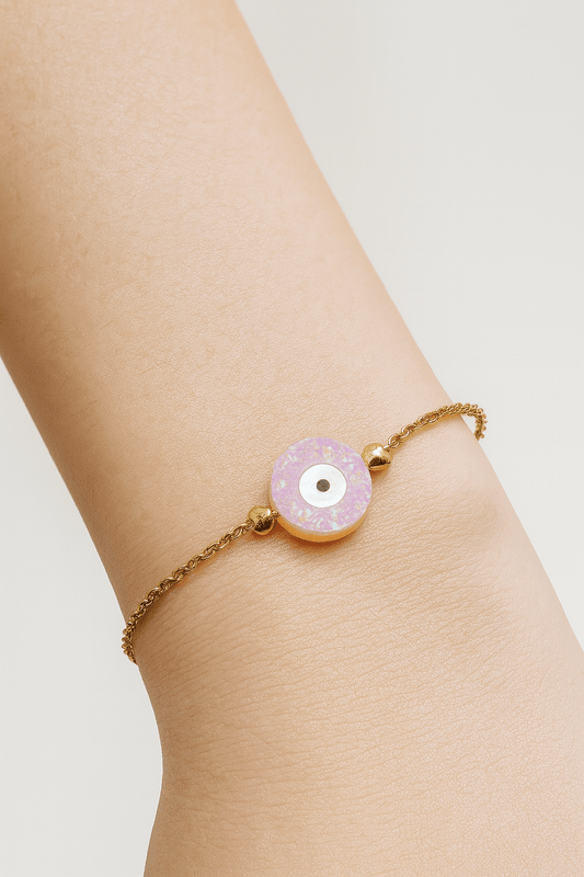 Pink Opalite Evil Eye Bracelet – Dual - Tone Glow – 14K Gold Plated Chain with 925 Silver Core – Adjustable Protective Jewelry