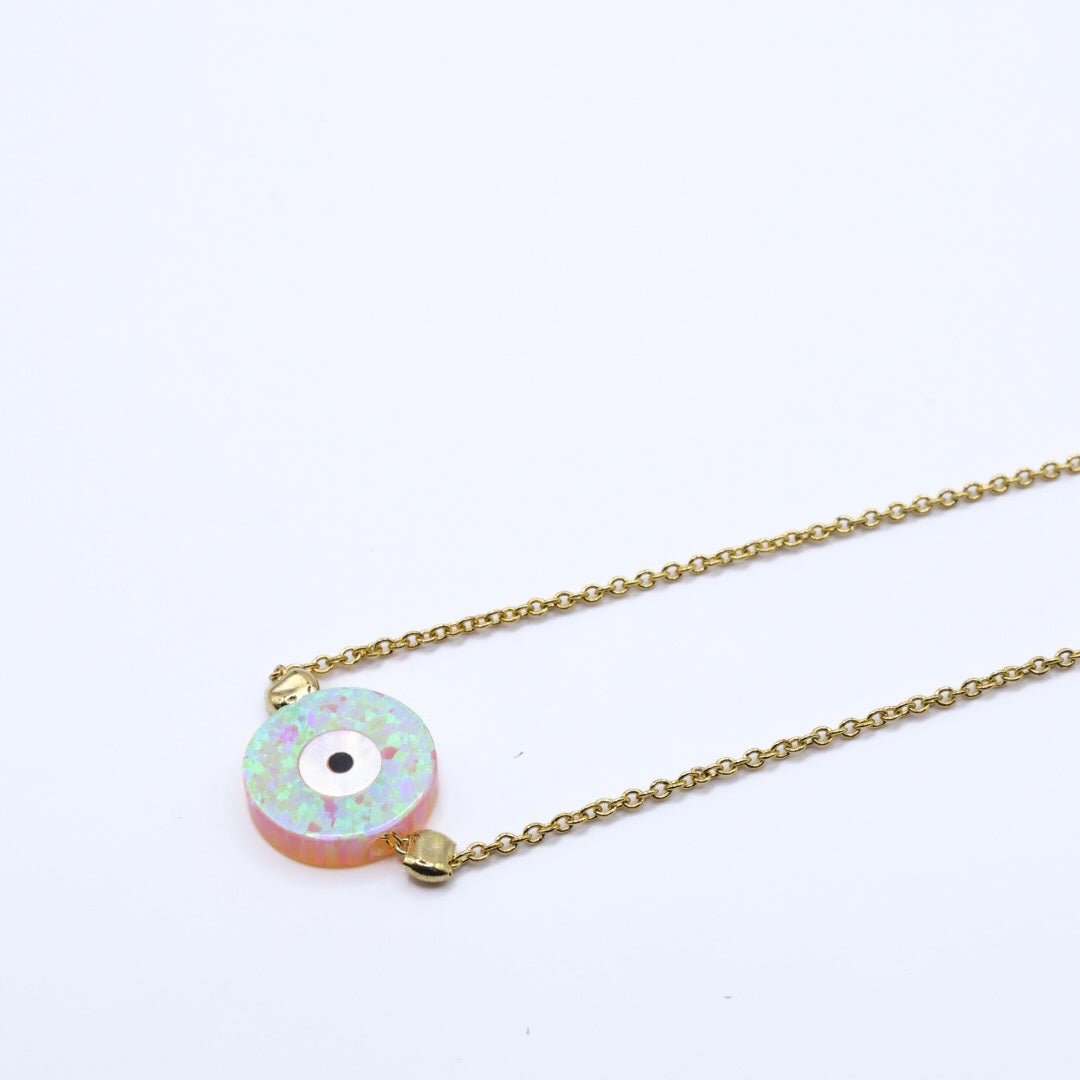 Pink Opalite Evil Eye Bracelet – Dual - Tone Glow – 14K Gold Plated Chain with 925 Silver Core – Adjustable Protective Jewelry