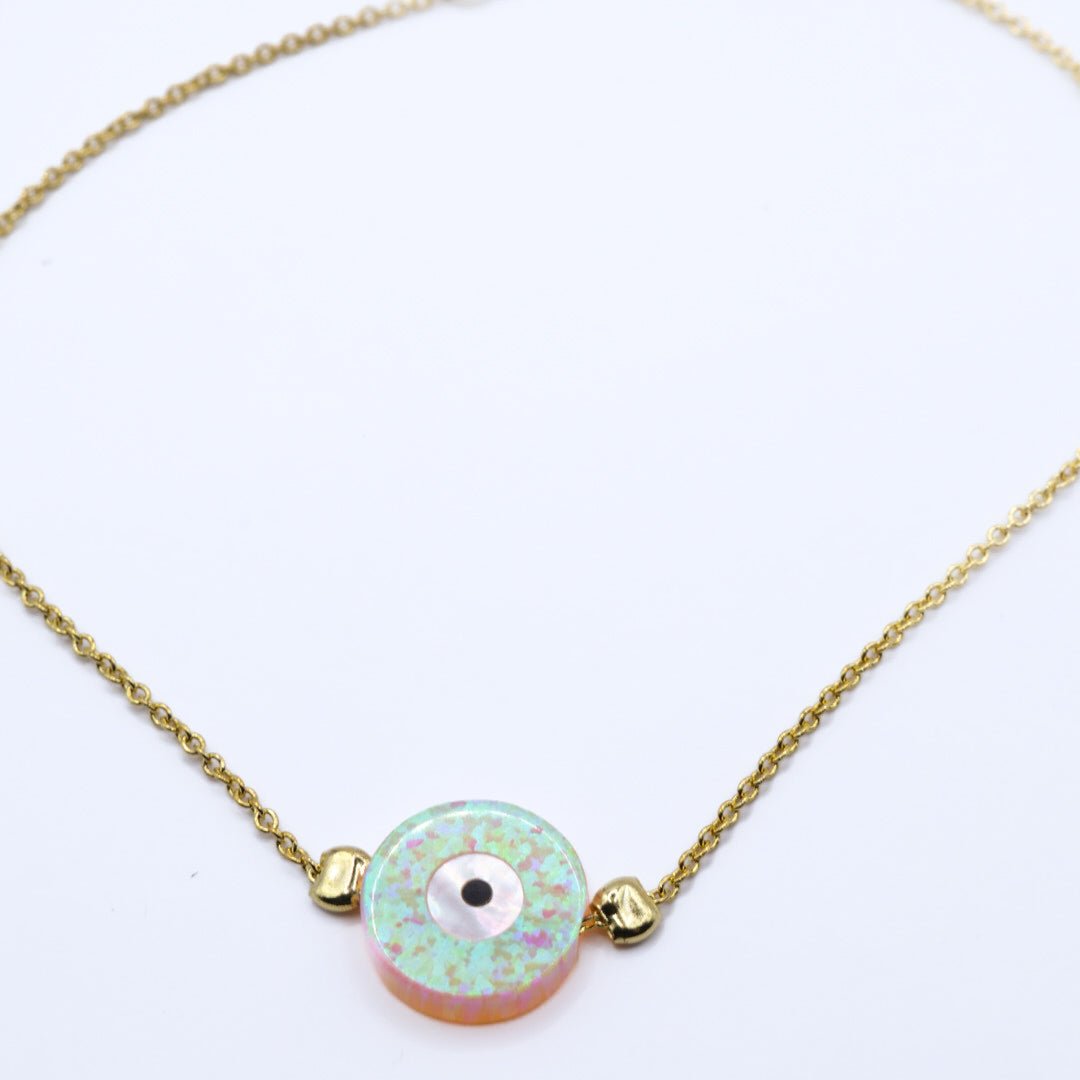 Pink Opalite Evil Eye Bracelet – Dual - Tone Glow – 14K Gold Plated Chain with 925 Silver Core – Adjustable Protective Jewelry
