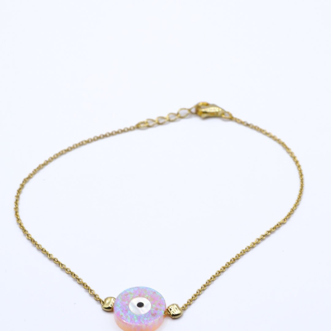 Pink Opalite Evil Eye Bracelet – Dual - Tone Glow – 14K Gold Plated Chain with 925 Silver Core – Adjustable Protective Jewelry
