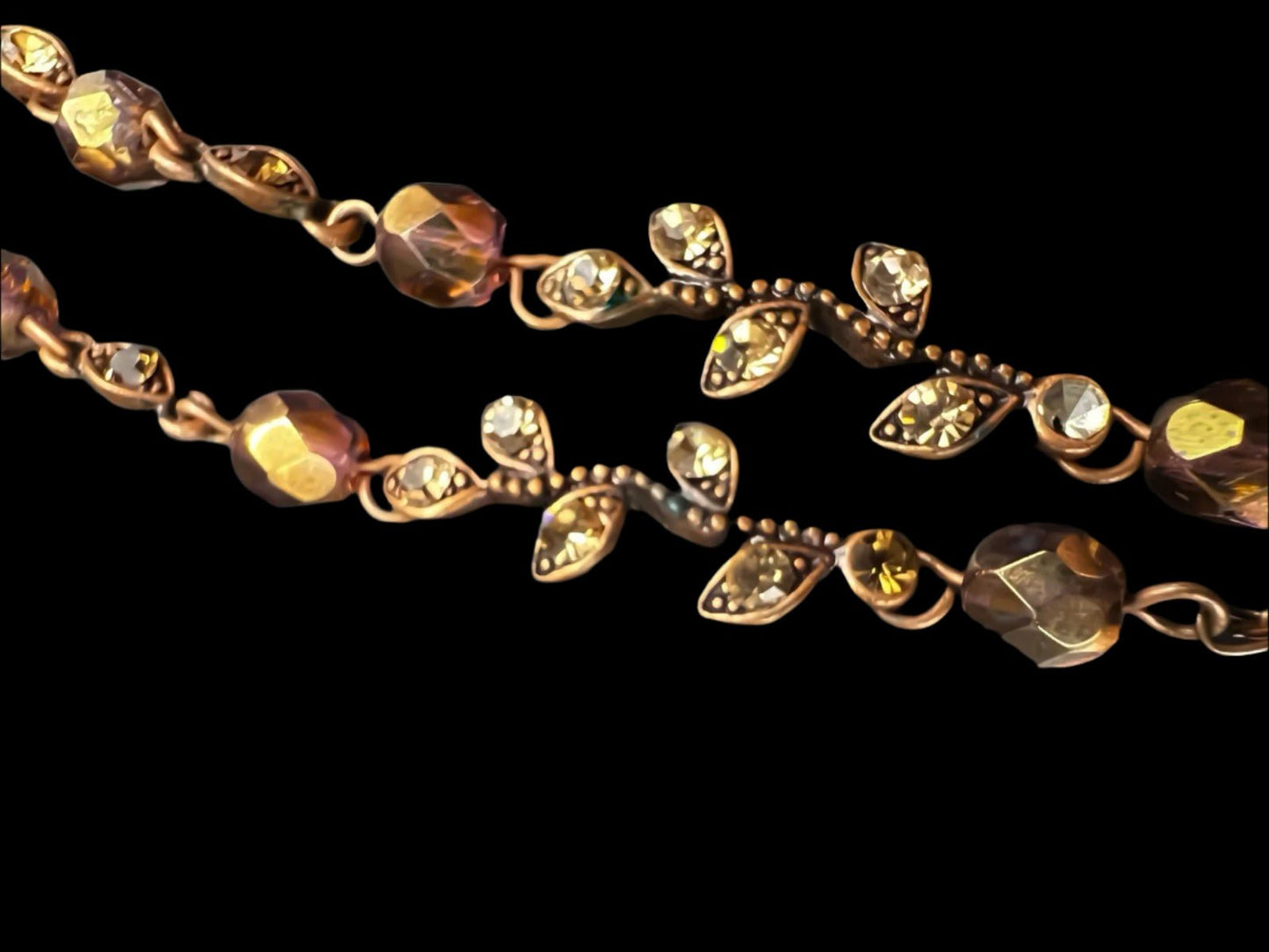 Rare Austrian Crystal Vintage Y - drop Necklace & Box, Bronze Coloured Jewellery