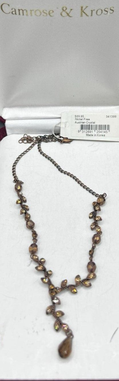 Rare Austrian Crystal Vintage Y - drop Necklace & Box, Bronze Coloured Jewellery