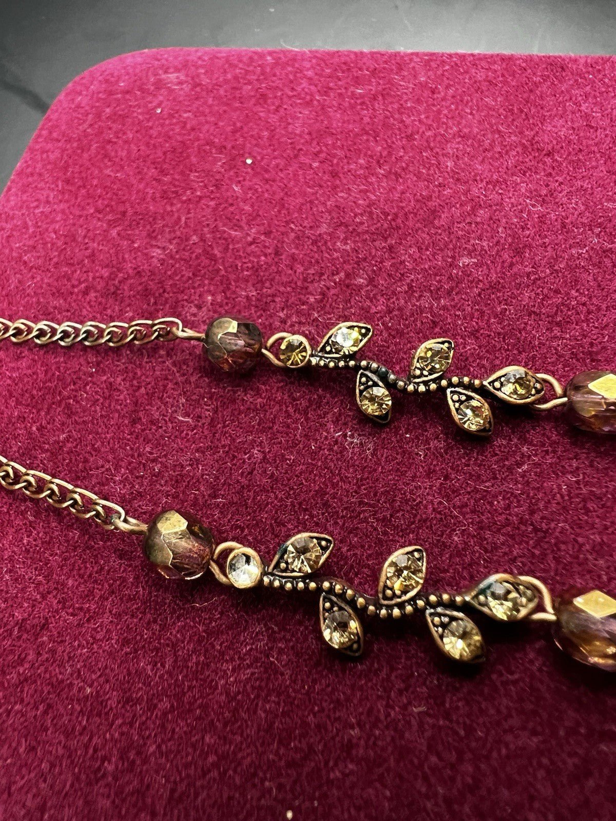 Rare Austrian Crystal Vintage Y - drop Necklace & Box, Bronze Coloured Jewellery